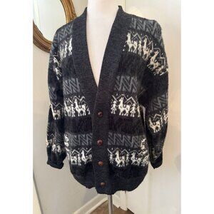 Ruminahui Women’s men’s Cardigan Sweater L Gray White Alpaca 100% Wool Grandpa